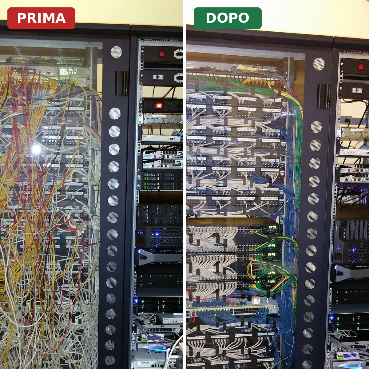 Armadio rack prima e dopo il riordino del cablaggio: patch panel e cavi rifatti
