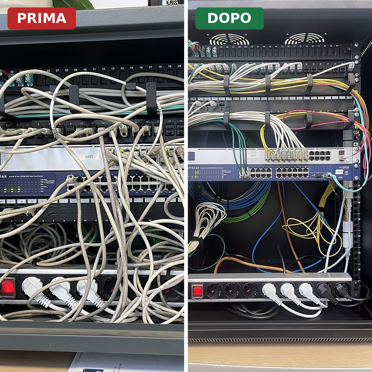 Armadio rack a muro prima e dopo: cablaggio strutturato ordinato e switch etichettato